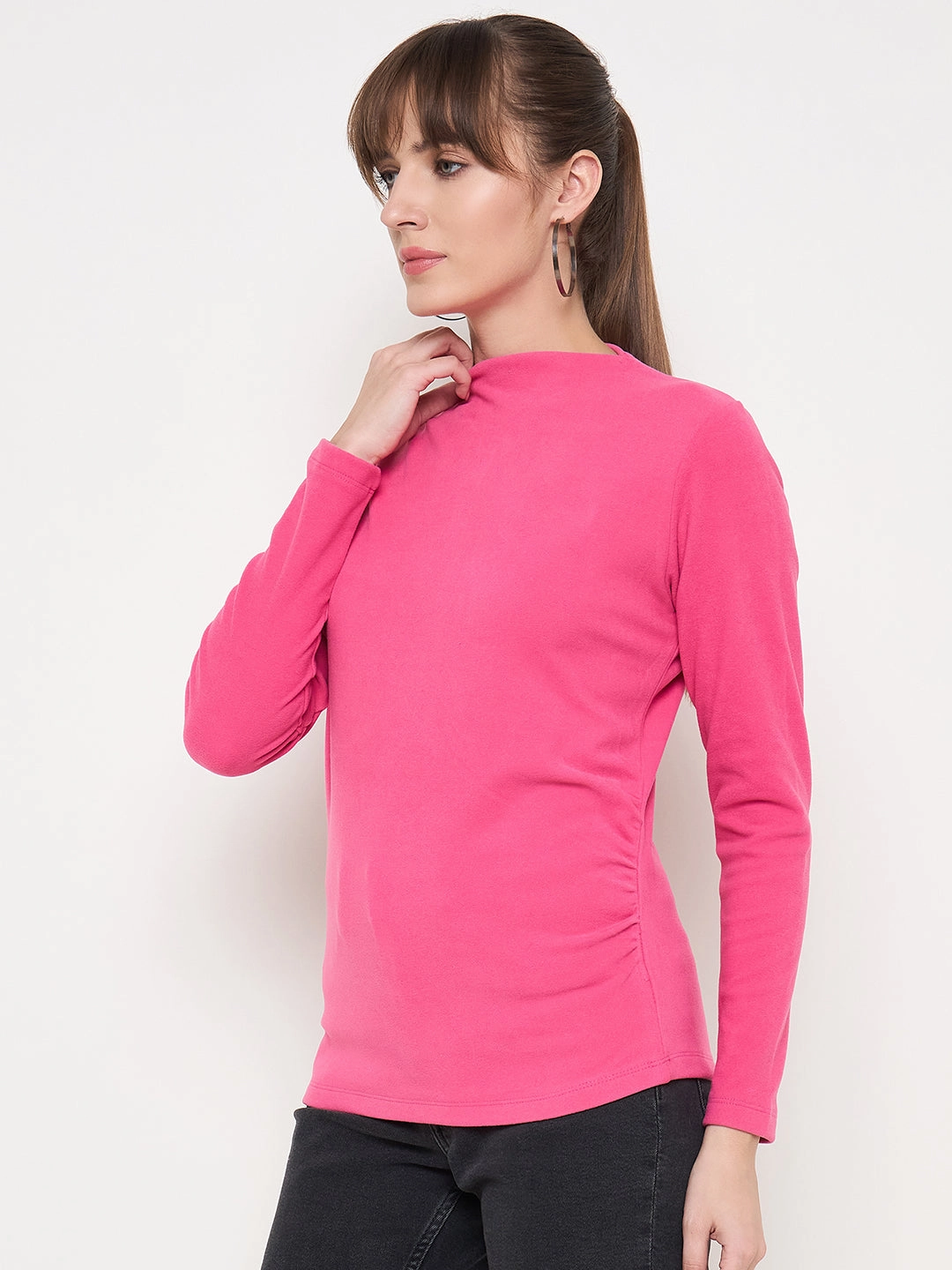 Madame Funnel Neck Full Sleeve Seam Detailed Solid Pink Knitted Top Sustainable Manufacturing Process LowProfileDesign