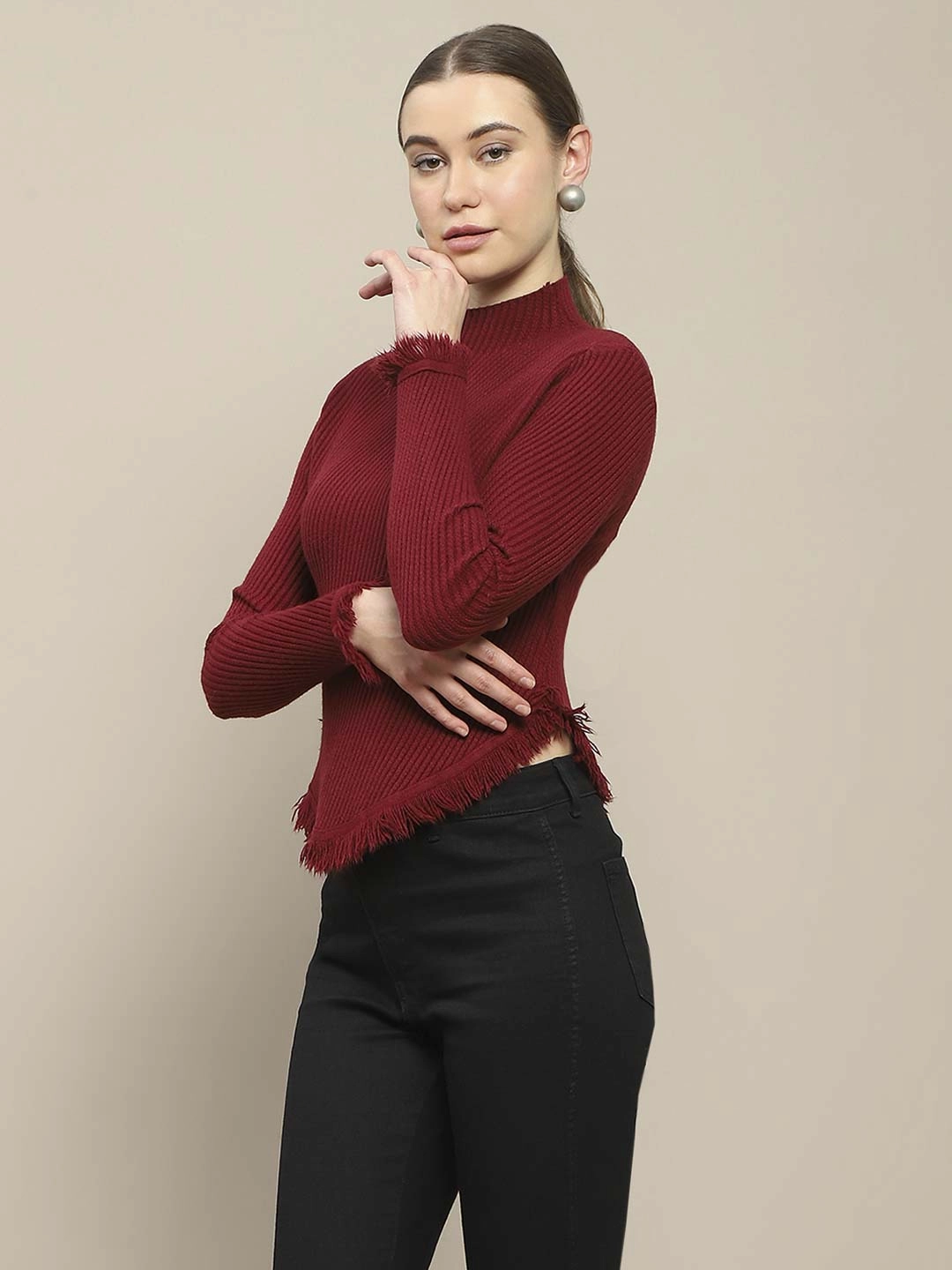Madame Fur Cuffs and Hem Wine Red Sweater Warm Comfort Fit
