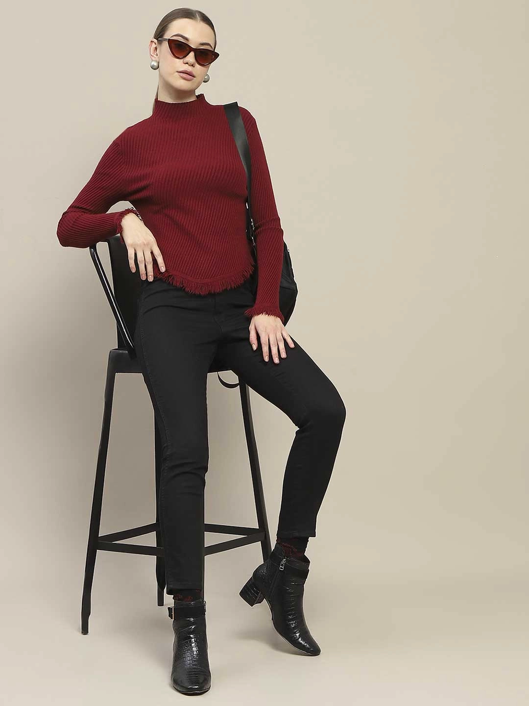 Breathable Wear Fit Madame Fur Cuffs and Hem Wine Red Sweater