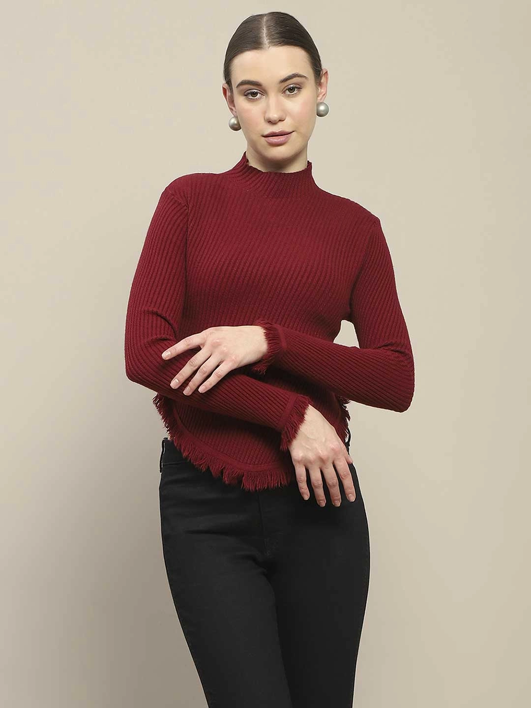 Comfy Stretch Design Warm Layers Madame Fur Cuffs and Hem Wine Red Sweater