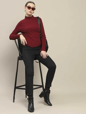 Breathable Wear Fit Madame Fur Cuffs and Hem Wine Red Sweater