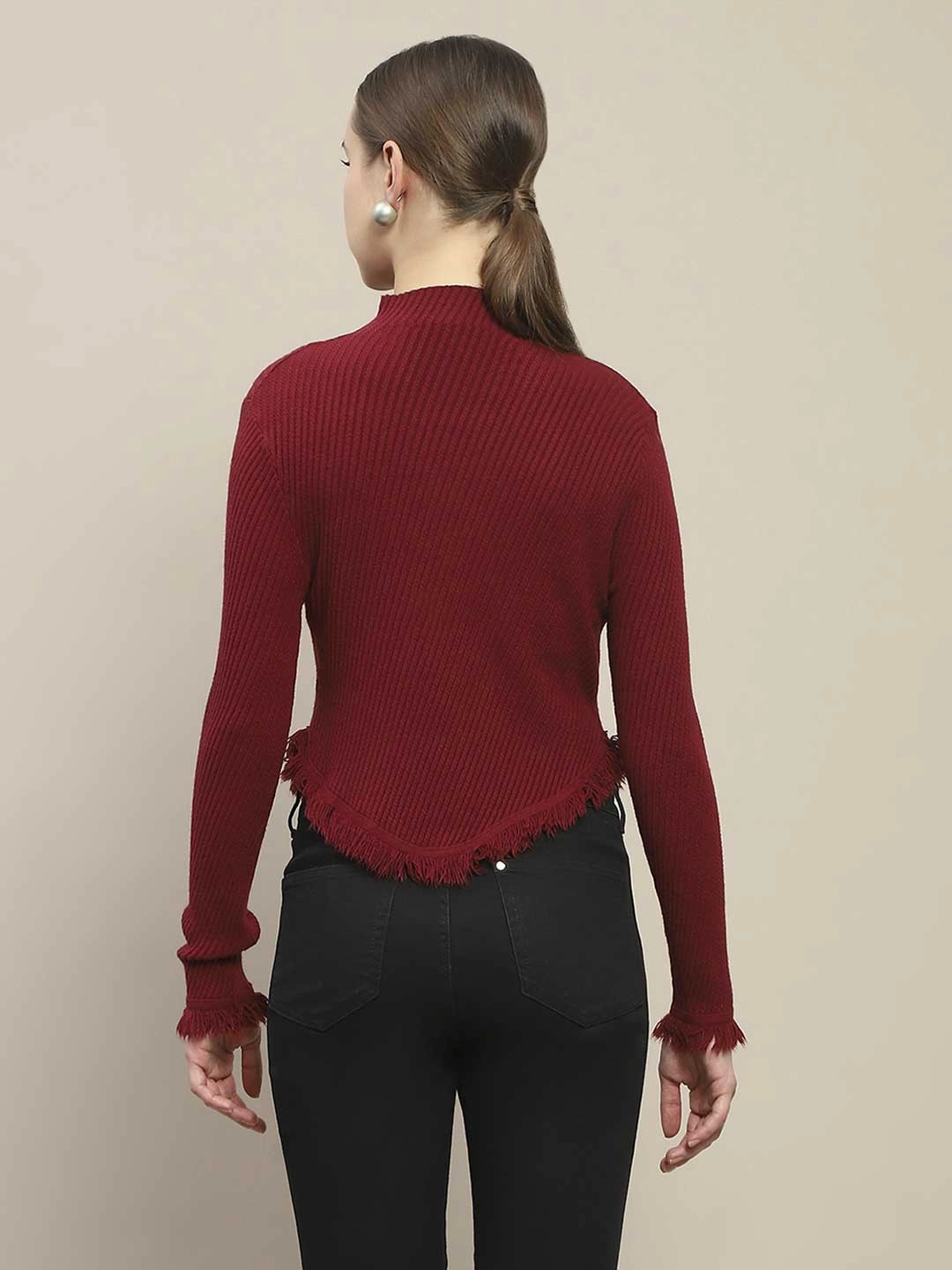 Madame Fur Cuffs and Hem Wine Red Sweater Curved Hemline Sleek Layer Fit
