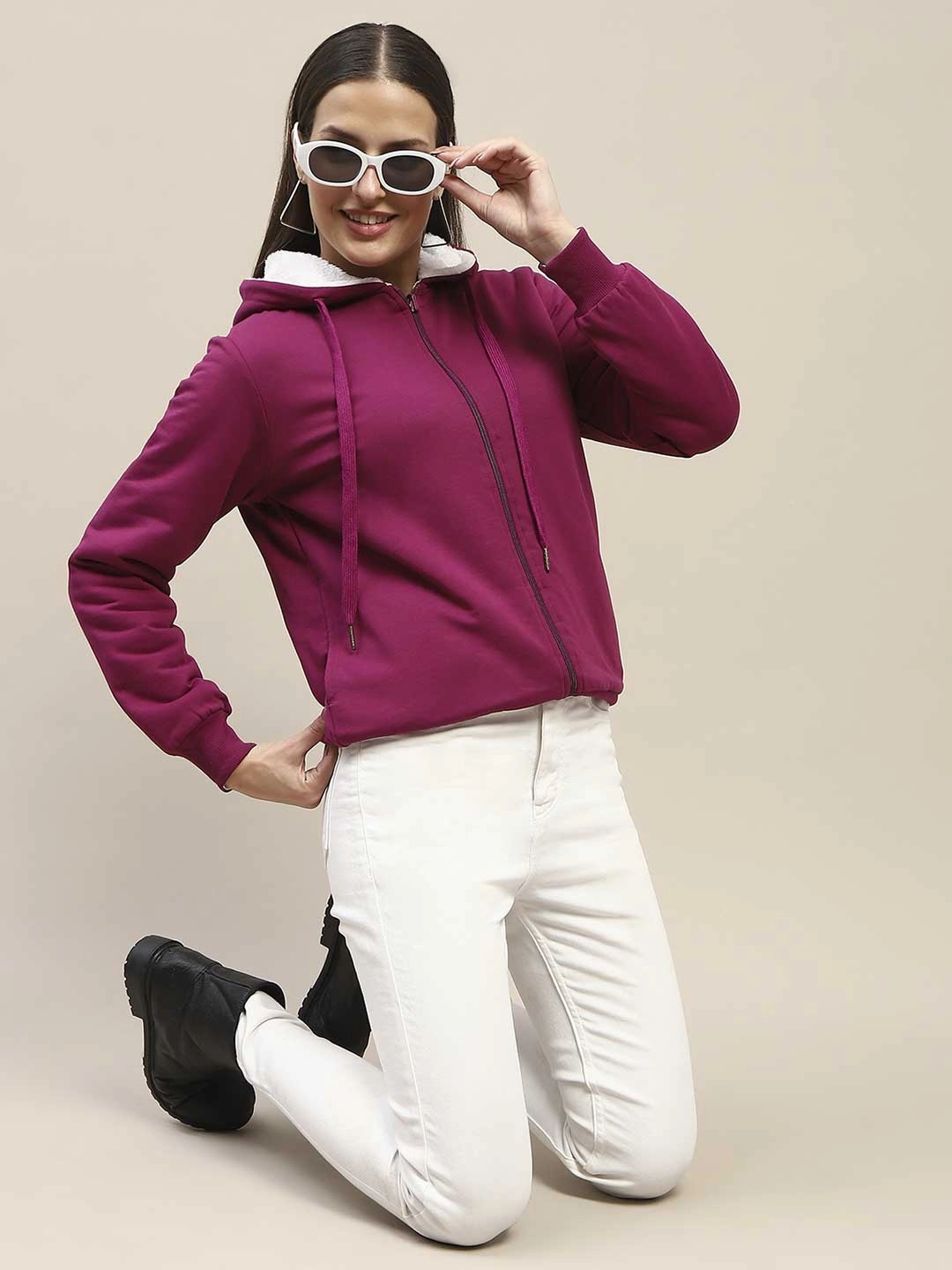 Comfy Mood old people Madame Fur Hood Metal Detailed Plum Zipped Sweatshirt
