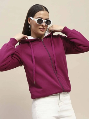 product urban fashion sense Madame Fur Hood Metal Detailed Plum Zipped Sweatshirt