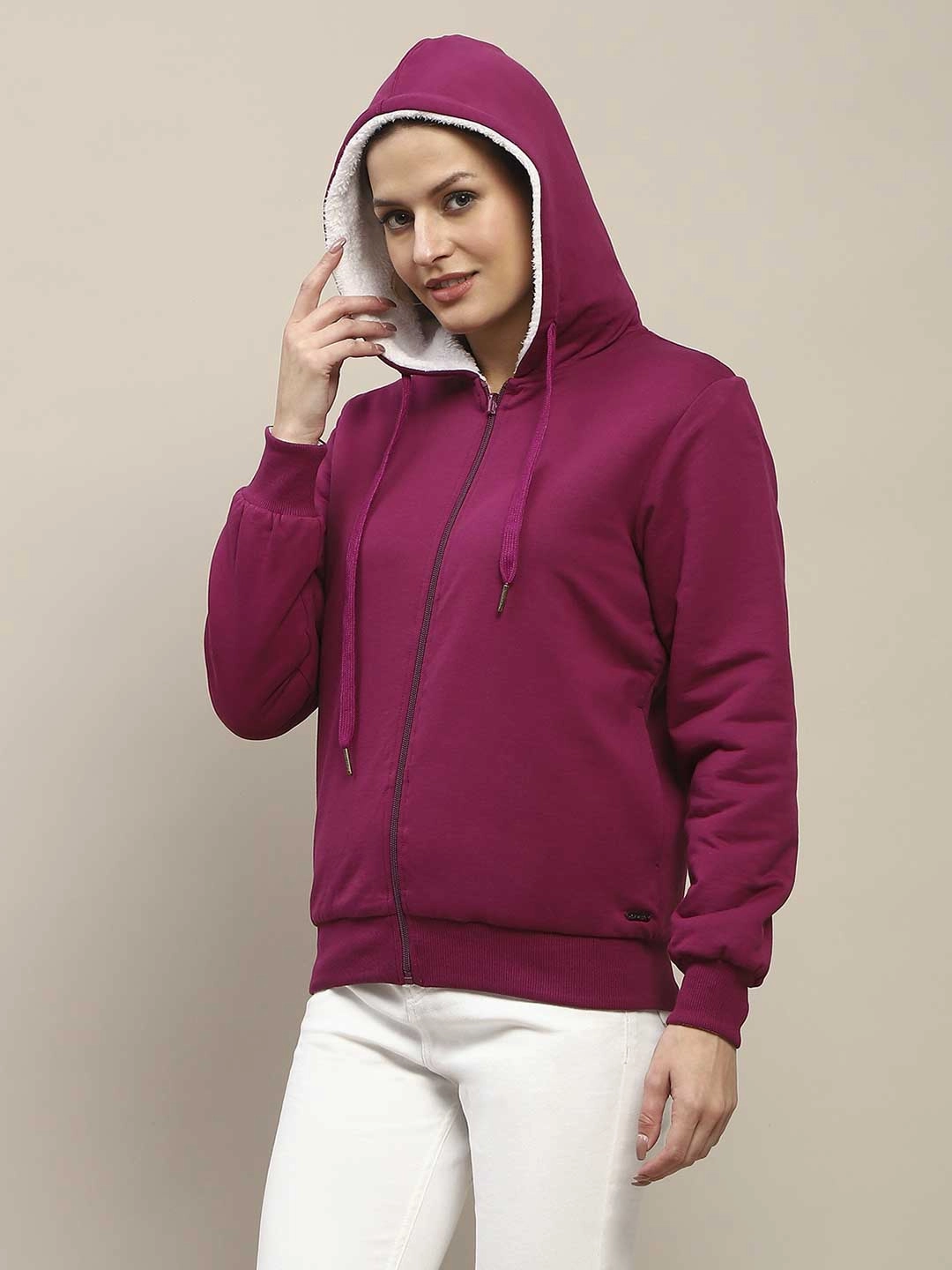 Stylish Layer Poolside Relax Madame Fur Hood Metal Detailed Plum Zipped Sweatshirt