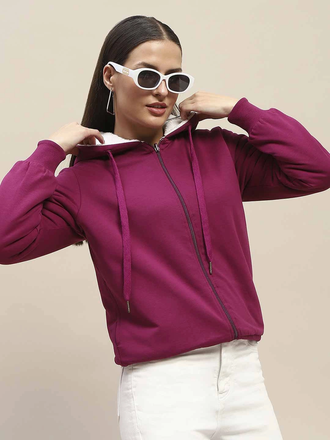 product urban fashion sense Madame Fur Hood Metal Detailed Plum Zipped Sweatshirt