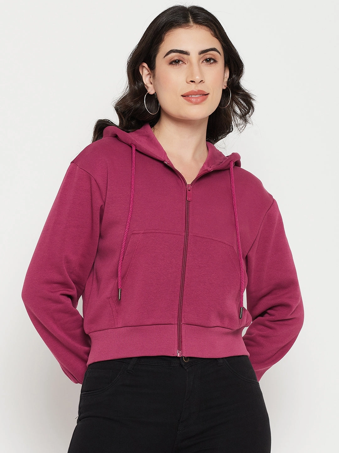 anti shrinking Sporty Design Madame Fuschia Hood Neck Sweatshirt