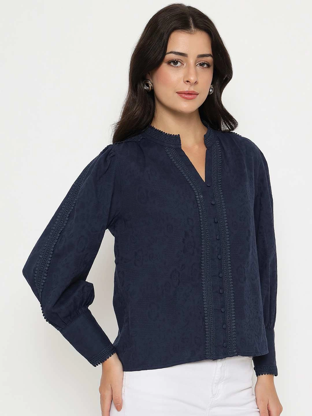 MeshLining Quick Release Fastener Madame Gathered Shoulders Navy Blue Cotton Top