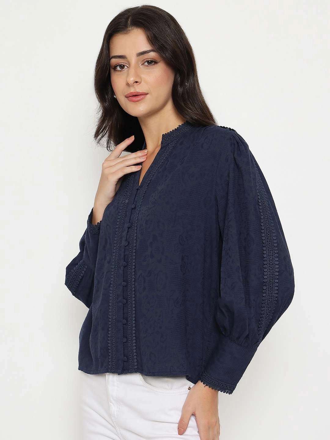 Madame Gathered Shoulders Navy Blue Cotton Top Relaxed Top Tailored Silhouette