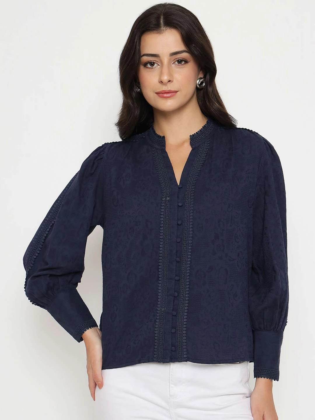 Adjustable Cuff System Stretch Material Madame Gathered Shoulders Navy Blue Cotton Top