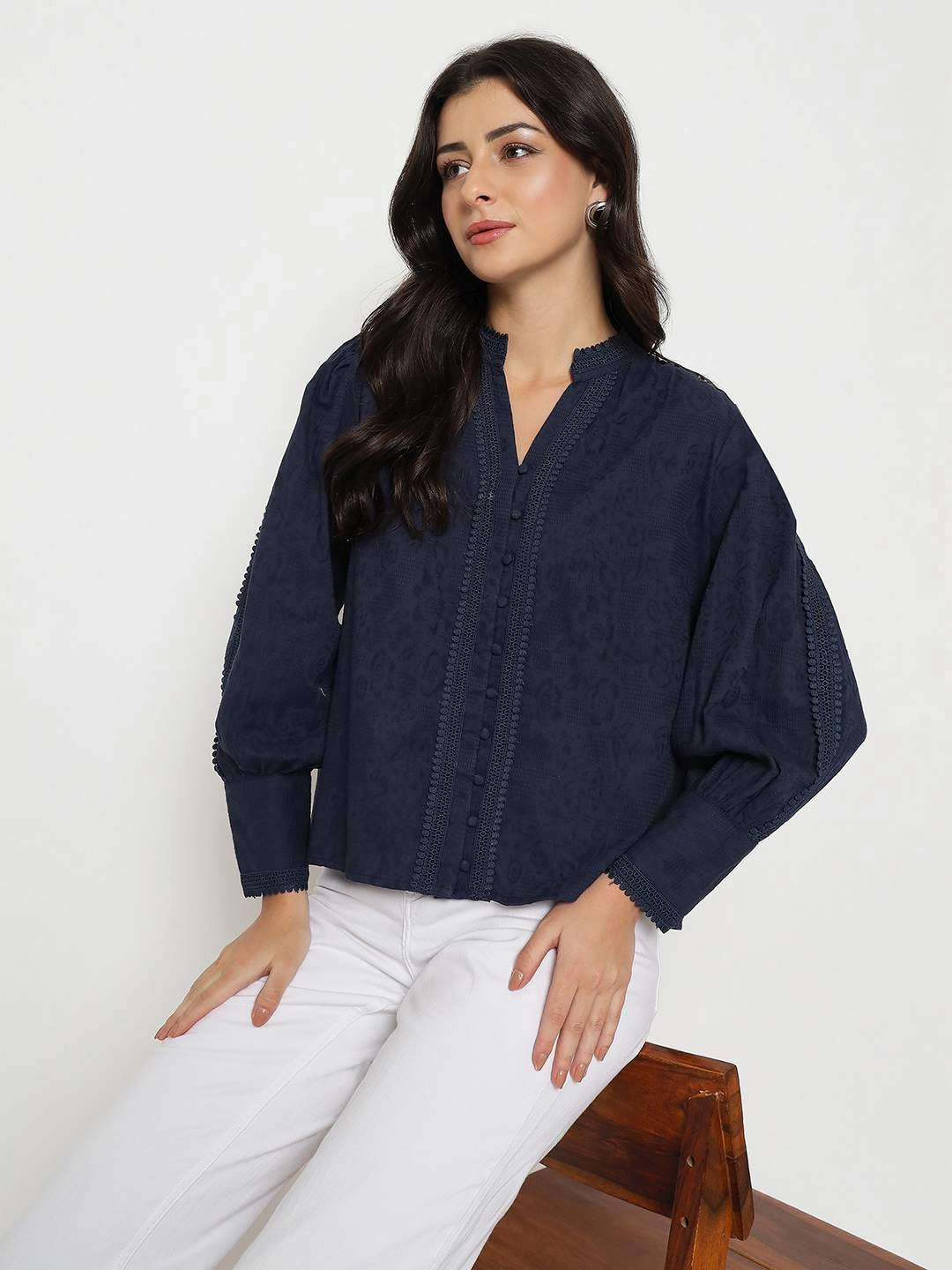Madame Gathered Shoulders Navy Blue Cotton Top Active Tee