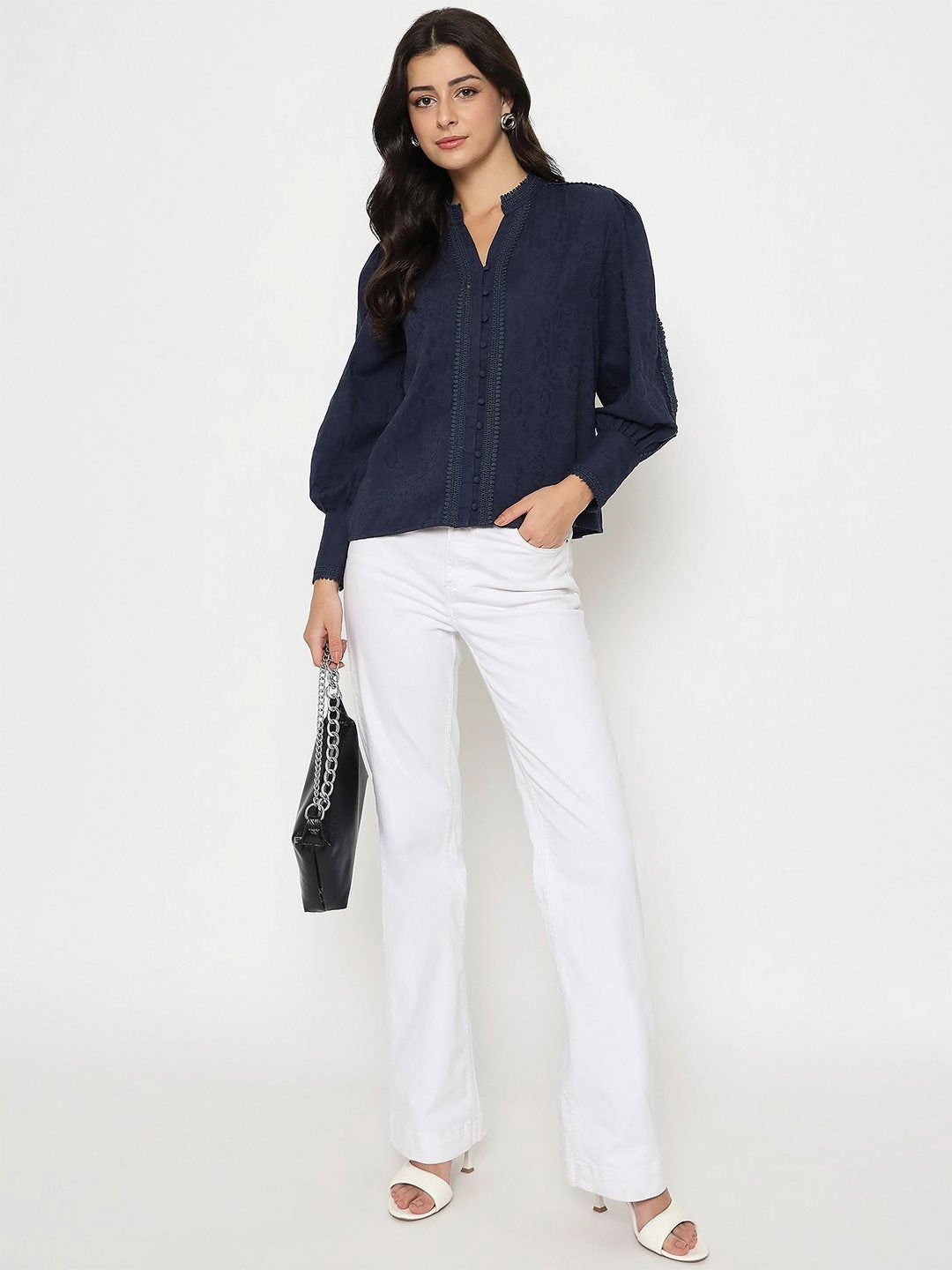 Madame Gathered Shoulders Navy Blue Cotton Top OrganicCotton