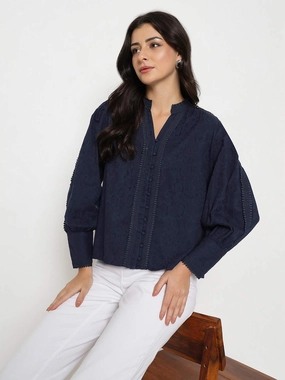 Madame Gathered Shoulders Navy Blue Cotton Top Active Tee