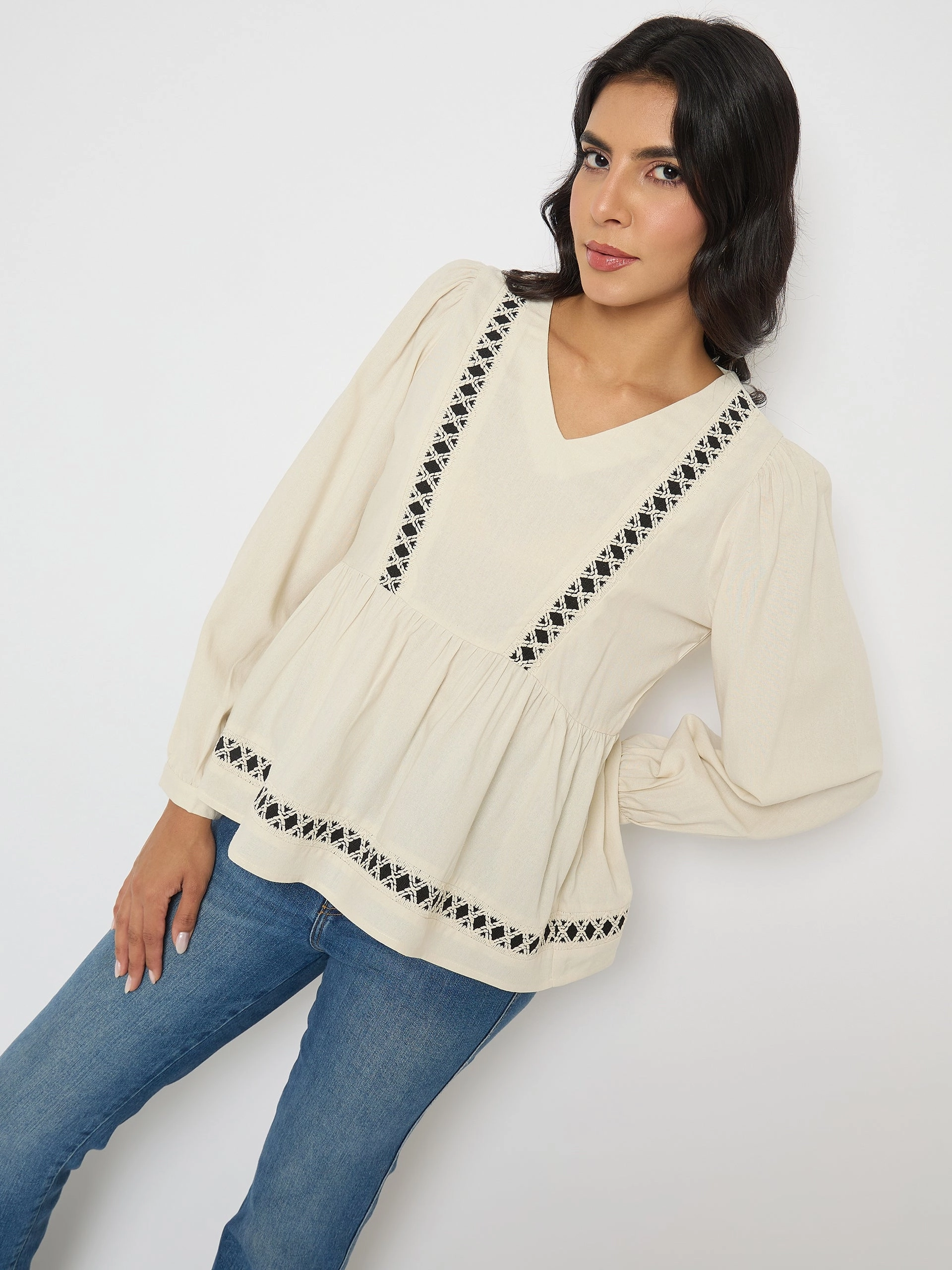 Madame Geometric Pattern Embroidery Rayon Blend Off White Top Temperature control MultiPocket