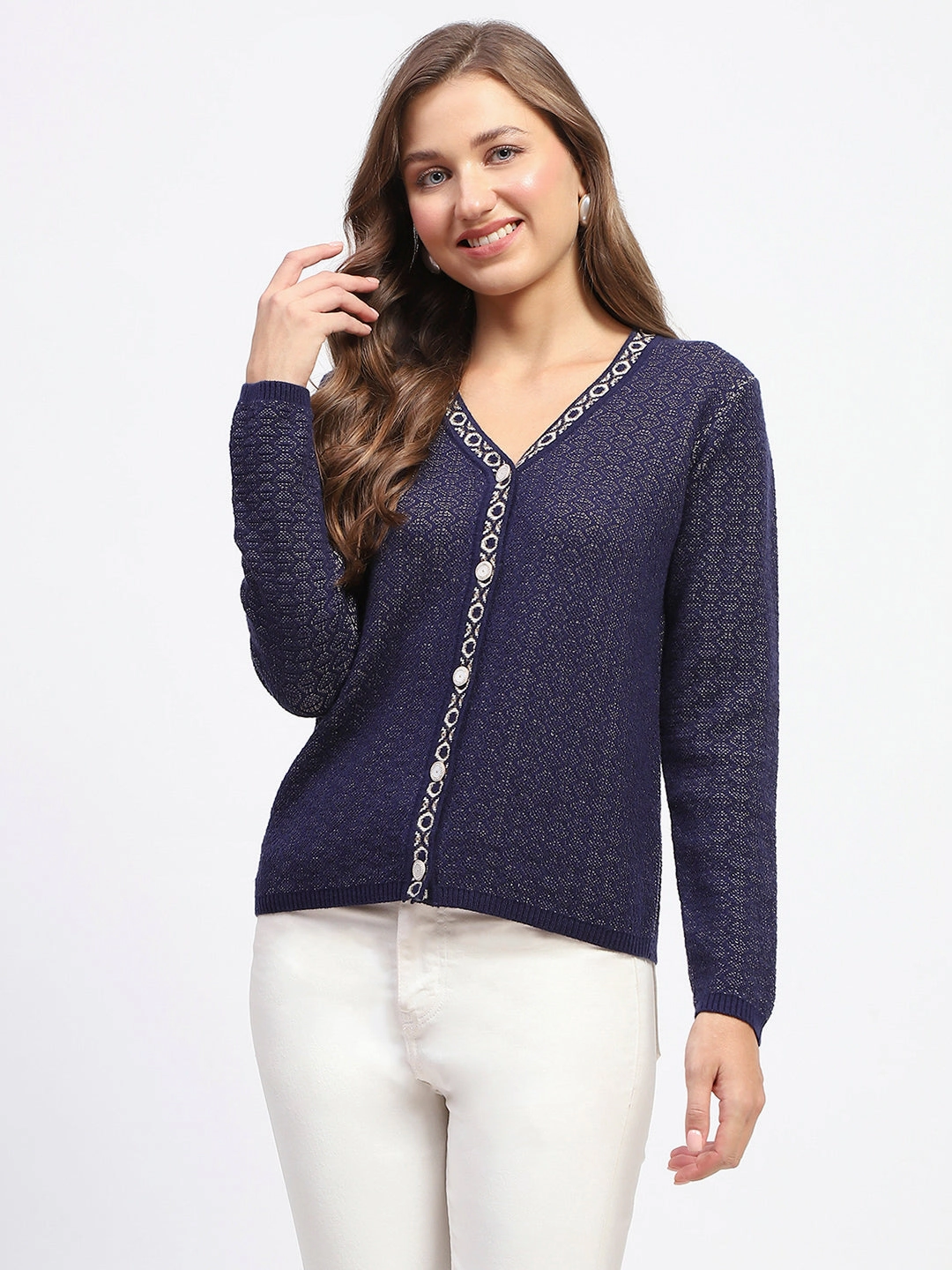 Hypoallergenic Textile Madame Geometric Pattern V Neck Navy Blue Cardigan