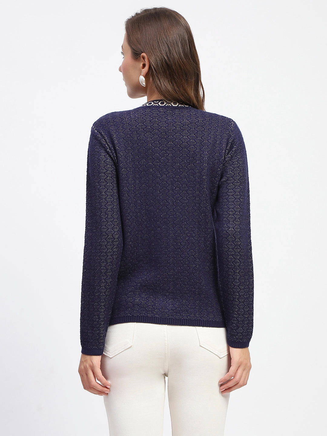 Madame Geometric Pattern V Neck Navy Blue Cardigan summer look