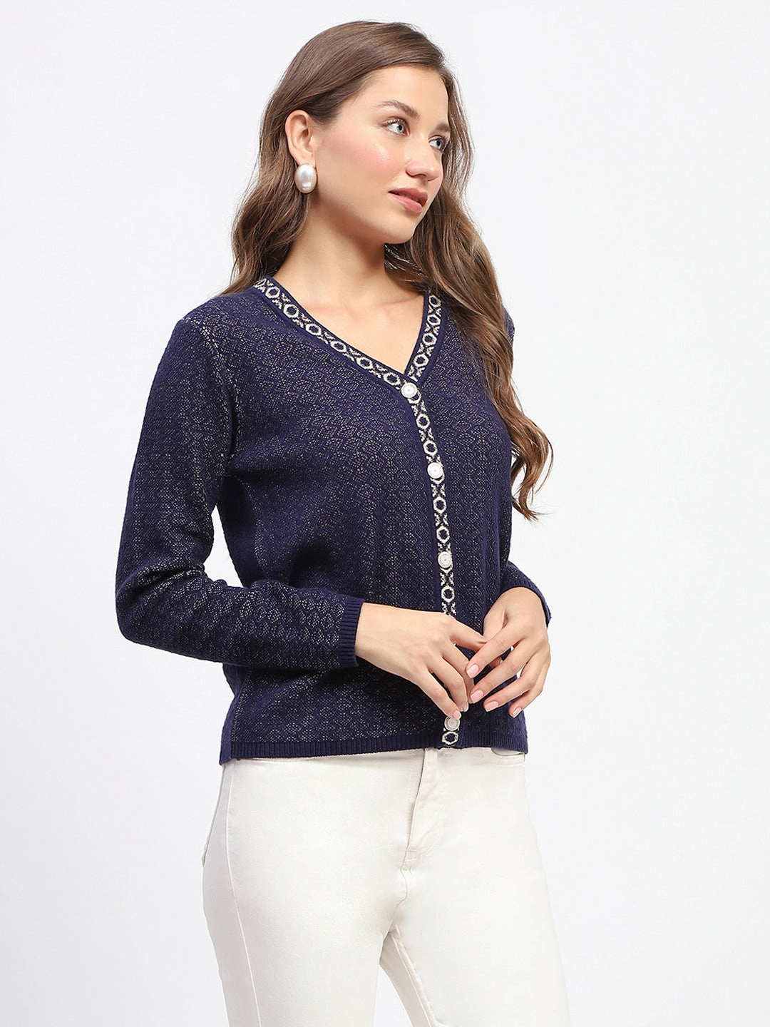 Madame Geometric Pattern V Neck Navy Blue Cardigan TemperatureRegulating Material