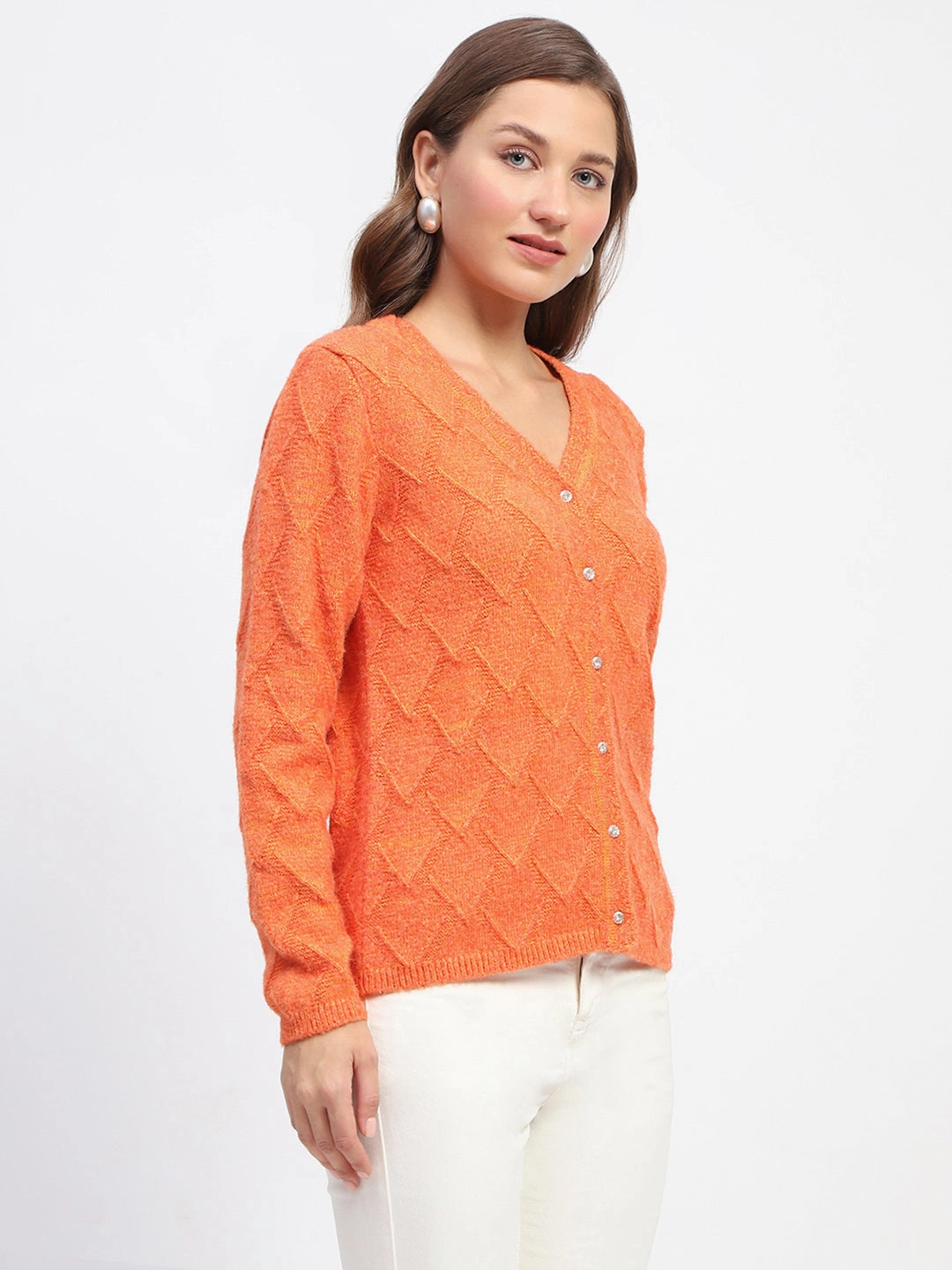 Placket Detailing VentilatedMesh Madame Geometric Pattern V Neck Orange Cardigan