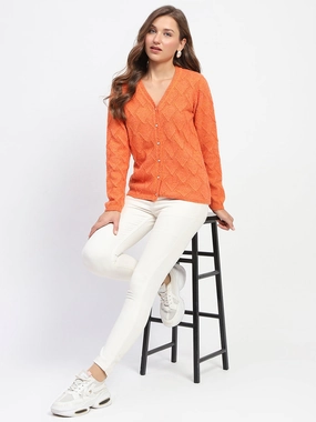 Madame Geometric Pattern V Neck Orange Cardigan UV protection coating