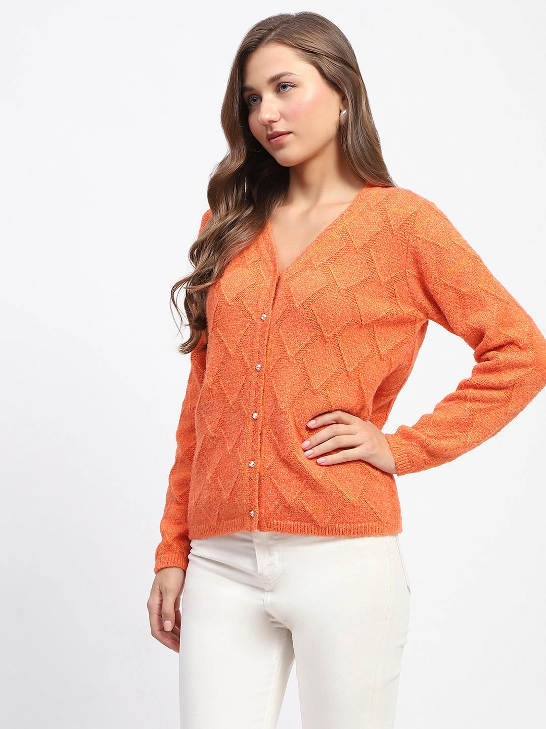 LowProfileZipperSystem Durable Stitching Madame Geometric Pattern V Neck Orange Cardigan