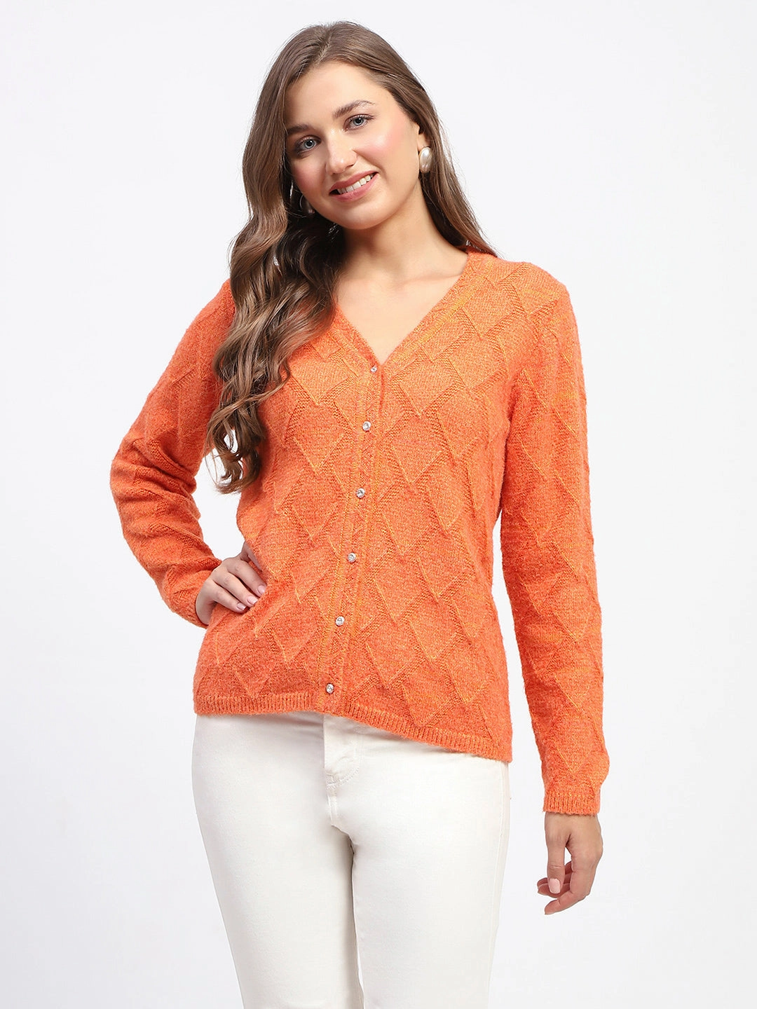 Fade Resistant Treatment UV Protective Layer Madame Geometric Pattern V Neck Orange Cardigan