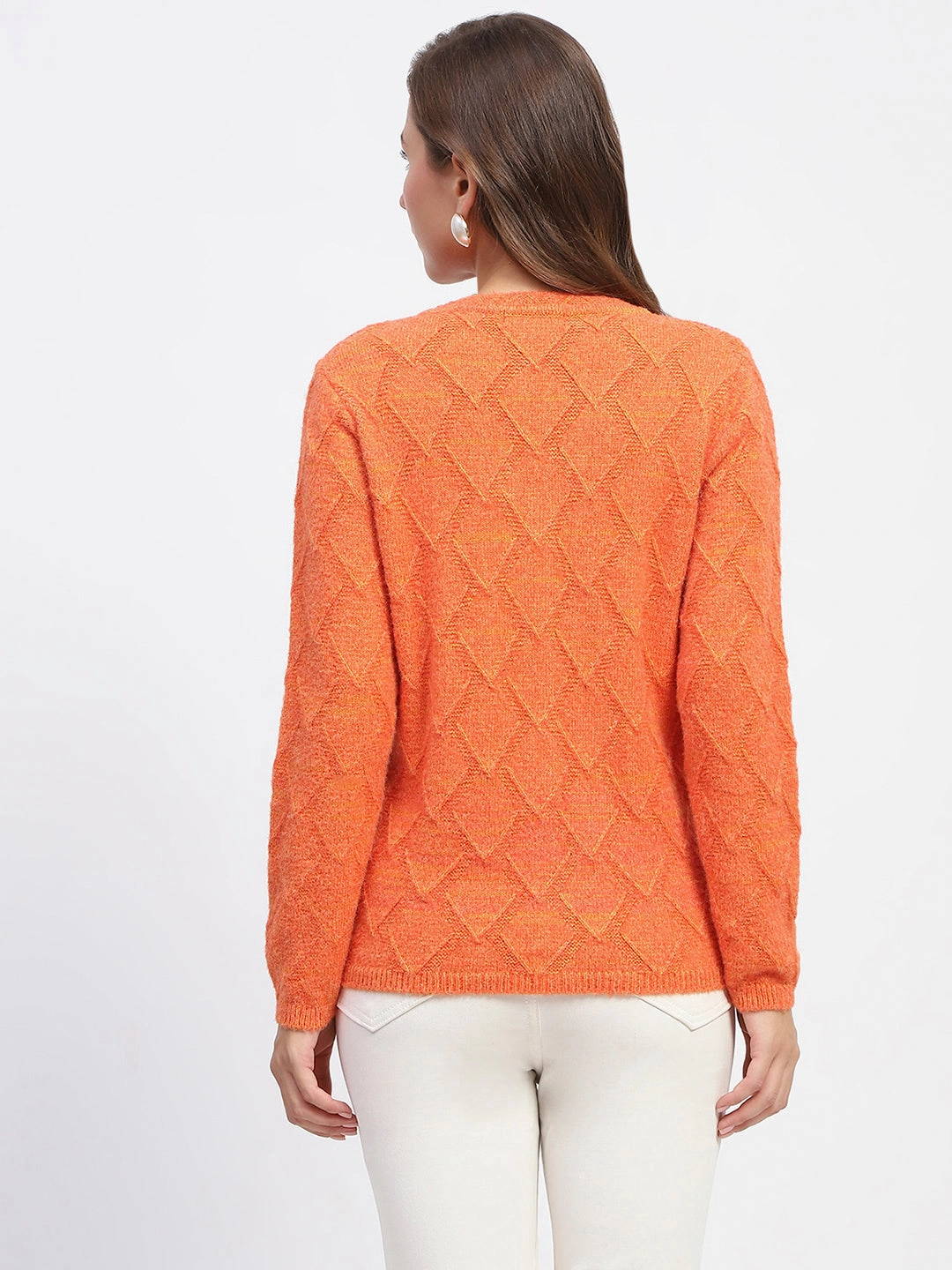 Madame Geometric Pattern V Neck Orange Cardigan Stretchable Waistband Microfiber Technology