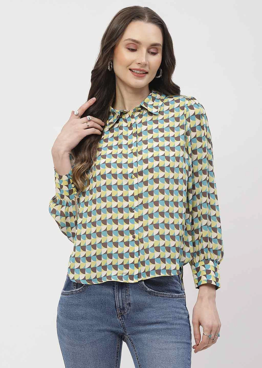 Fashion Comfort Lightweight Layers Madame Geometric Print Apple Green Regular Shirt