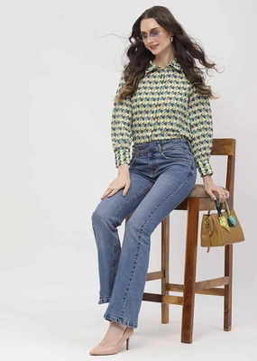 Madame Geometric Print Apple Green Regular Shirt Summer Camp Pure Cotton