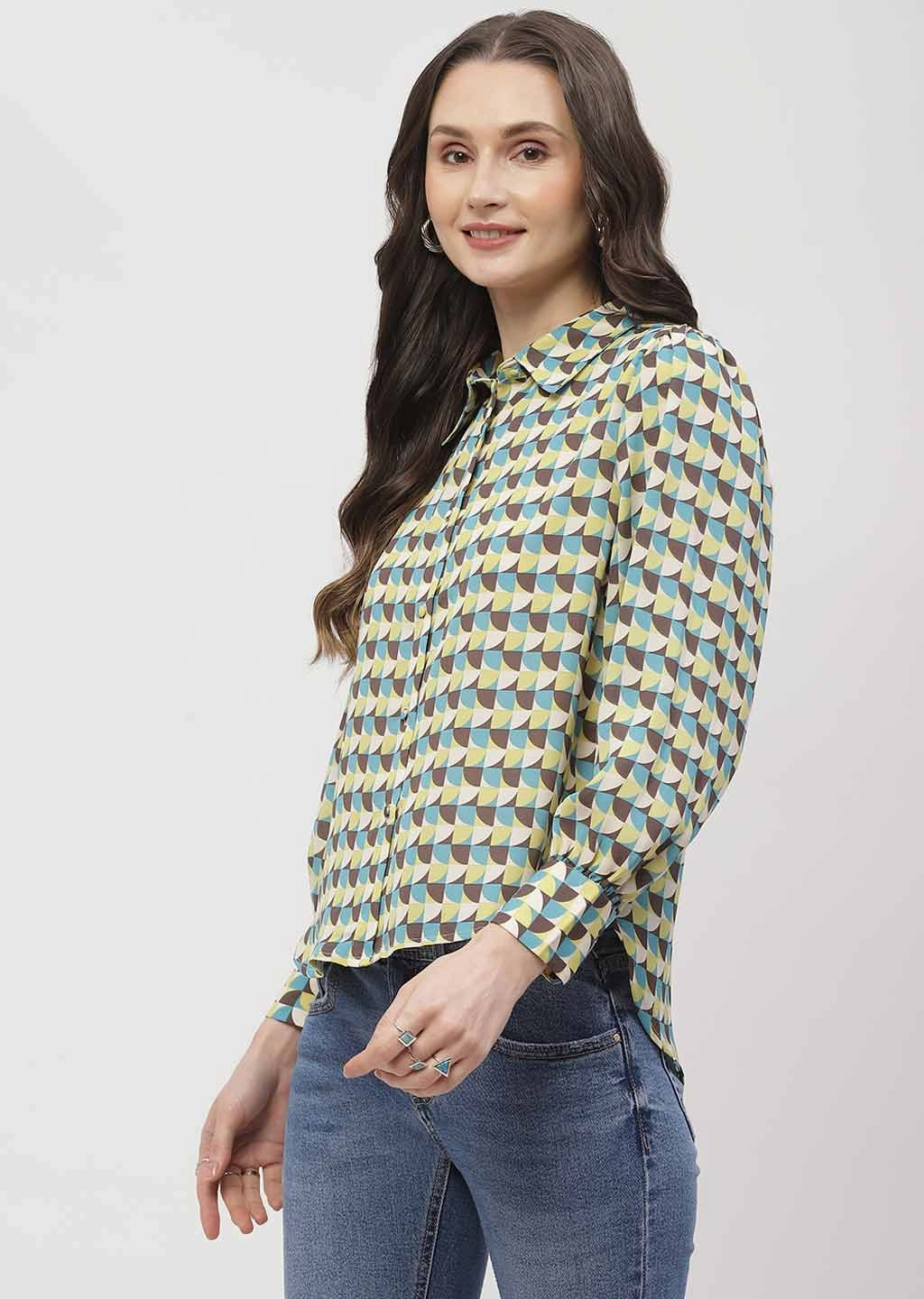 Wrinkle Free Care Timeless Wardrobe Madame Geometric Print Apple Green Regular Shirt