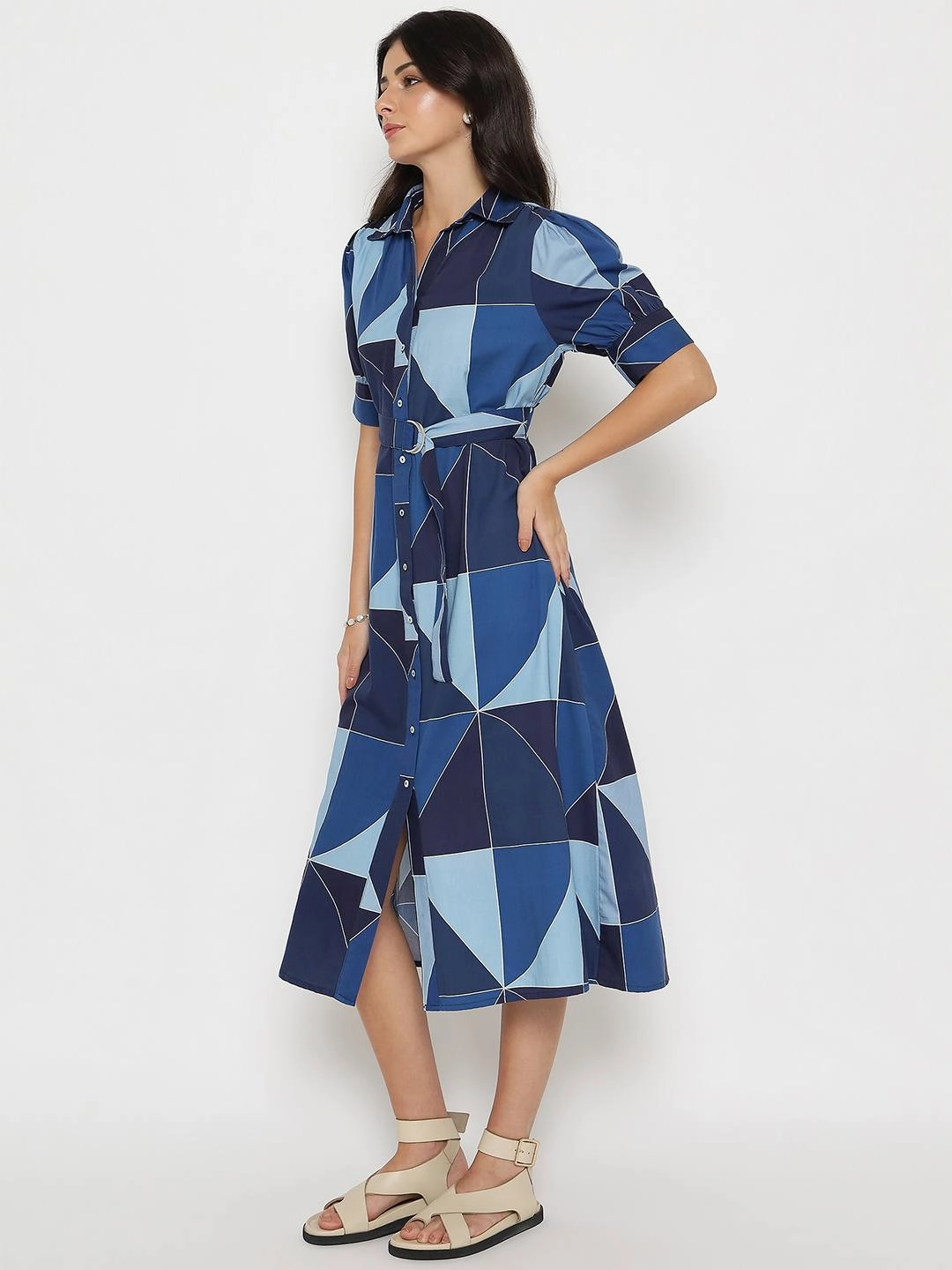 Soft touch evening dress Madame Geometric Print Belted Blue Maxi Shirt Dress