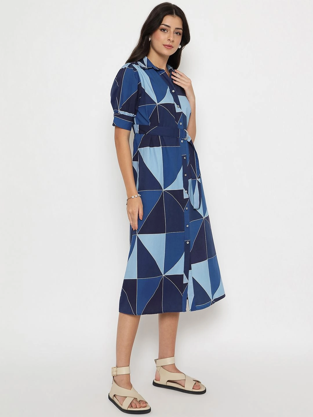 All Moments Comfortable and Flattering Madame Geometric Print Belted Blue Maxi Shirt Dress