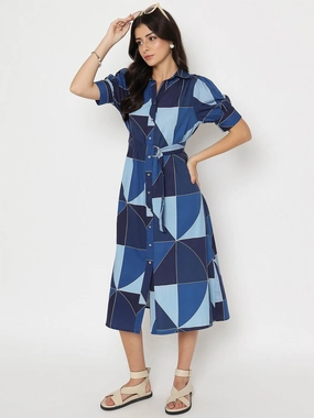 Flexible Design Formal Look Madame Geometric Print Belted Blue Maxi Shirt Dress