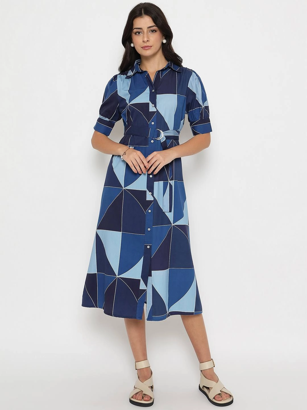 Madame Geometric Print Belted Blue Maxi Shirt Dress Smart Piece Versatile Comfort