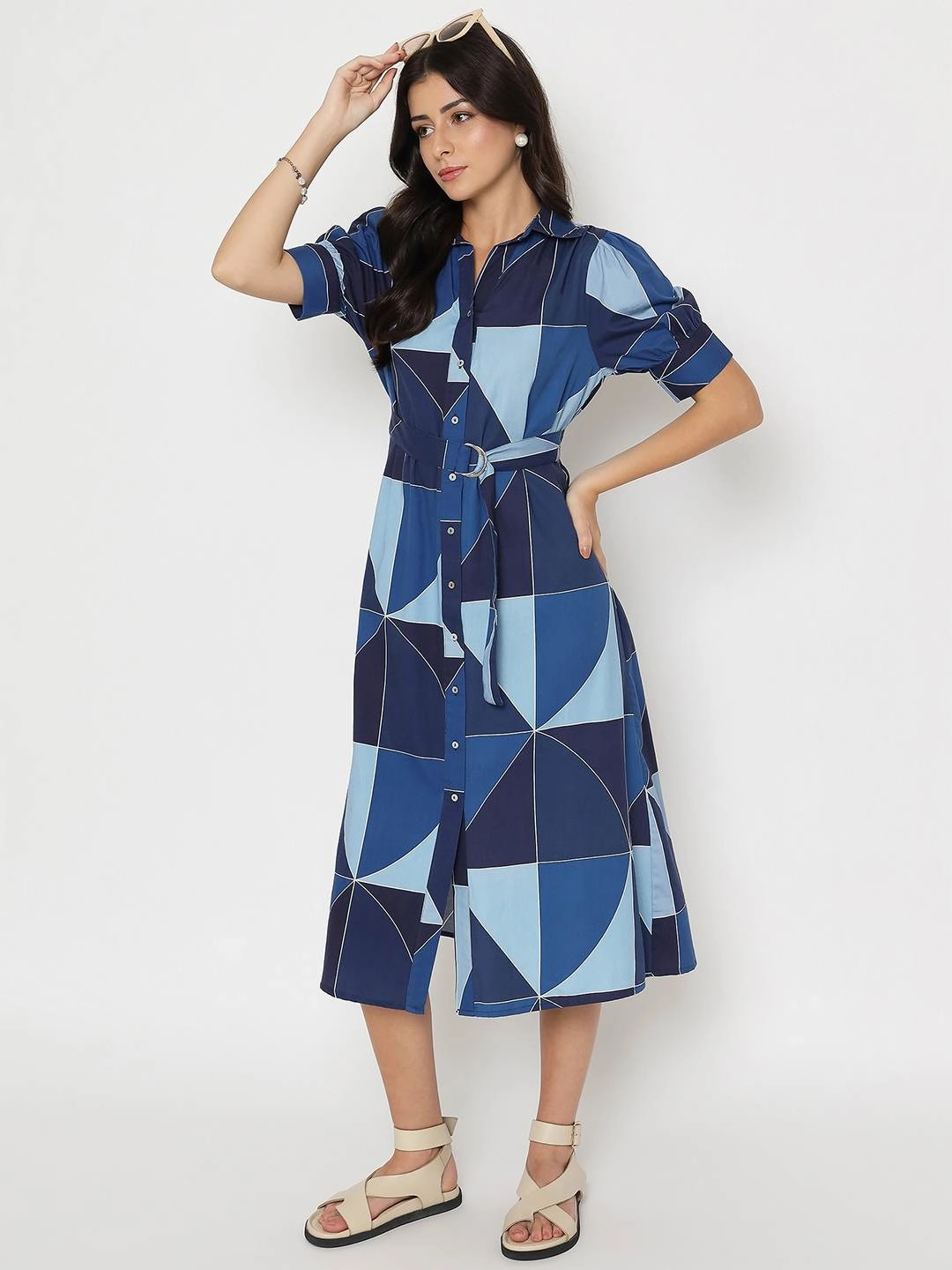 Flexible Design Formal Look Madame Geometric Print Belted Blue Maxi Shirt Dress