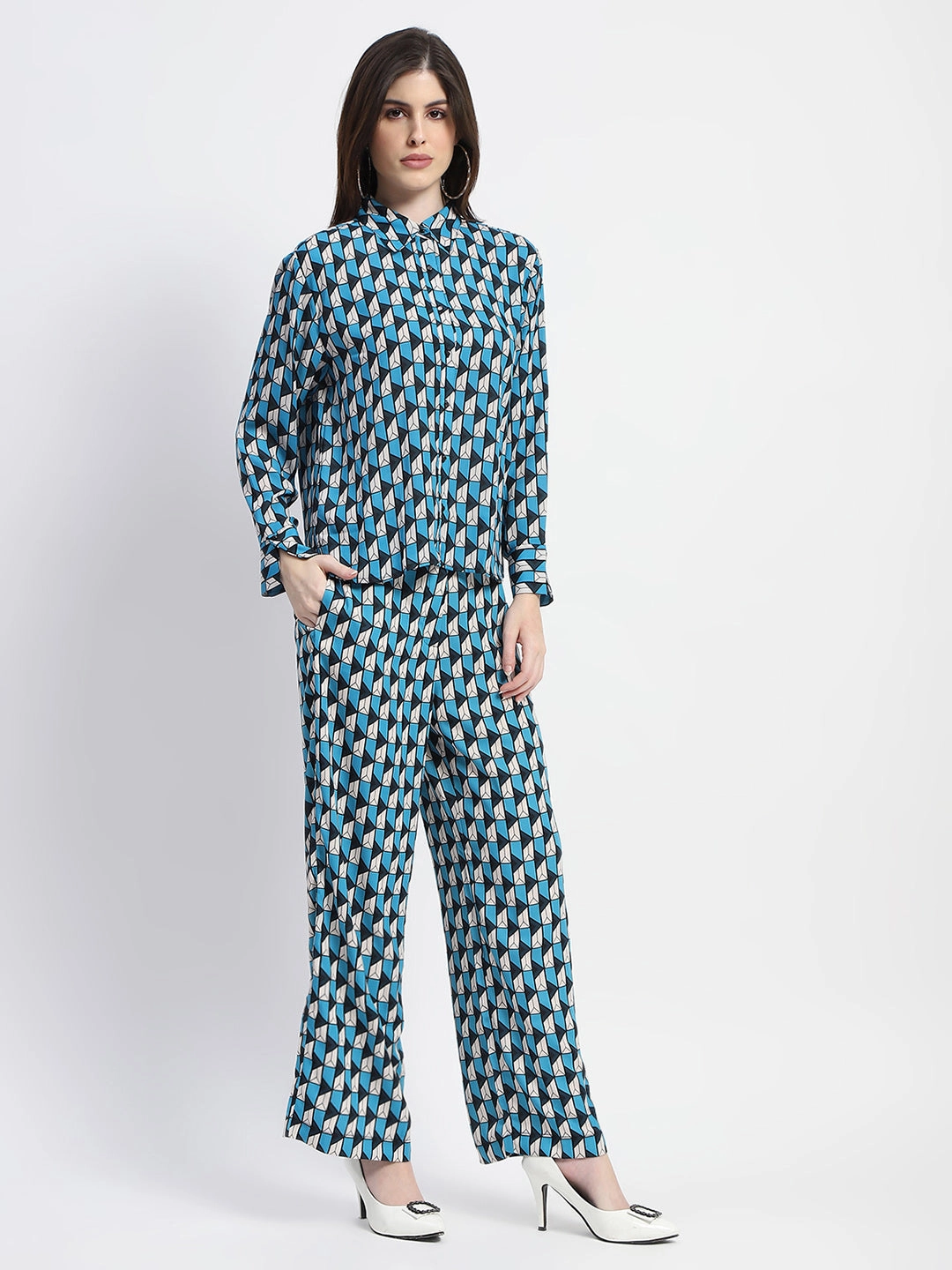 Velvet-Touch Madame Geometric Print Blue Co-Ord Set