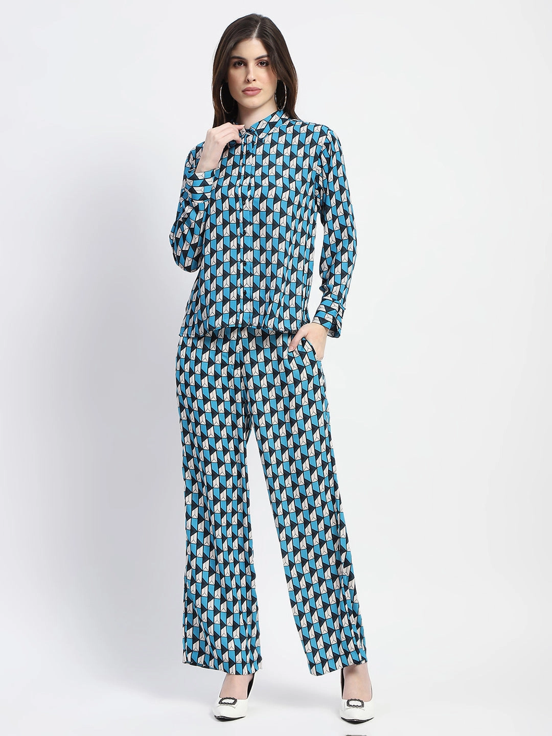 Madame Geometric Print Blue Co-Ord Set Fashion Fit