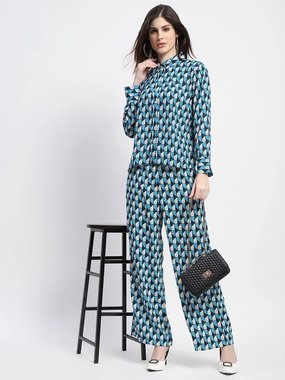 Trendy Everyday Street Motion Madame Geometric Print Blue Co-Ord Set