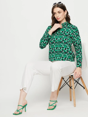 Madame Geometric Print Full Sleeves Green Shirt Double Stitched Seams