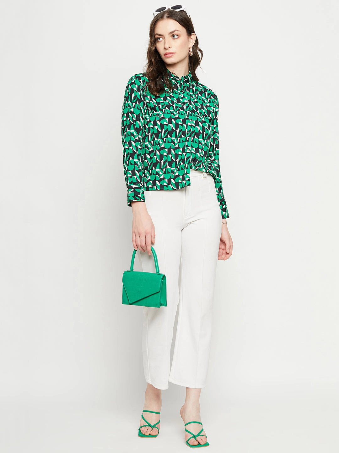Odor Control Fabric Madame Geometric Print Full Sleeves Green Shirt