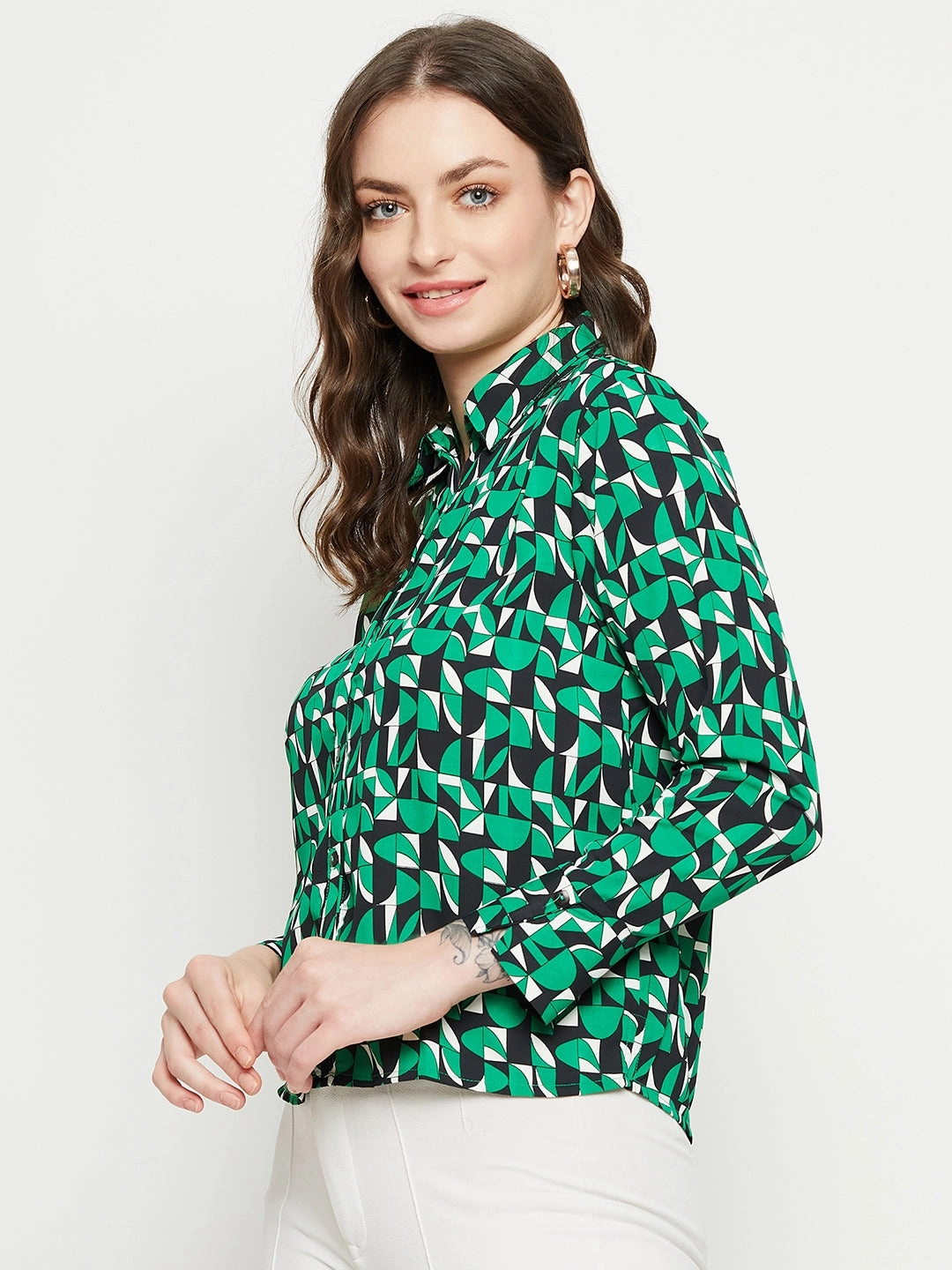 Madame Geometric Print Full Sleeves Green Shirt Moisture Wicking Material