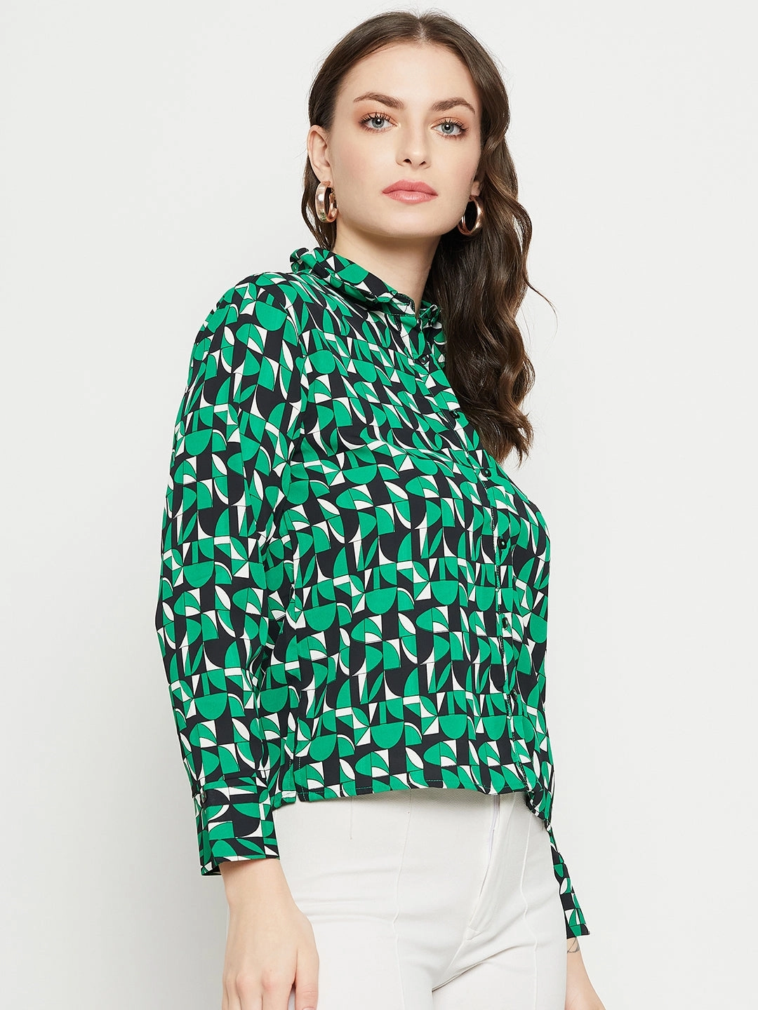 Pocket Detail Madame Geometric Print Full Sleeves Green Shirt