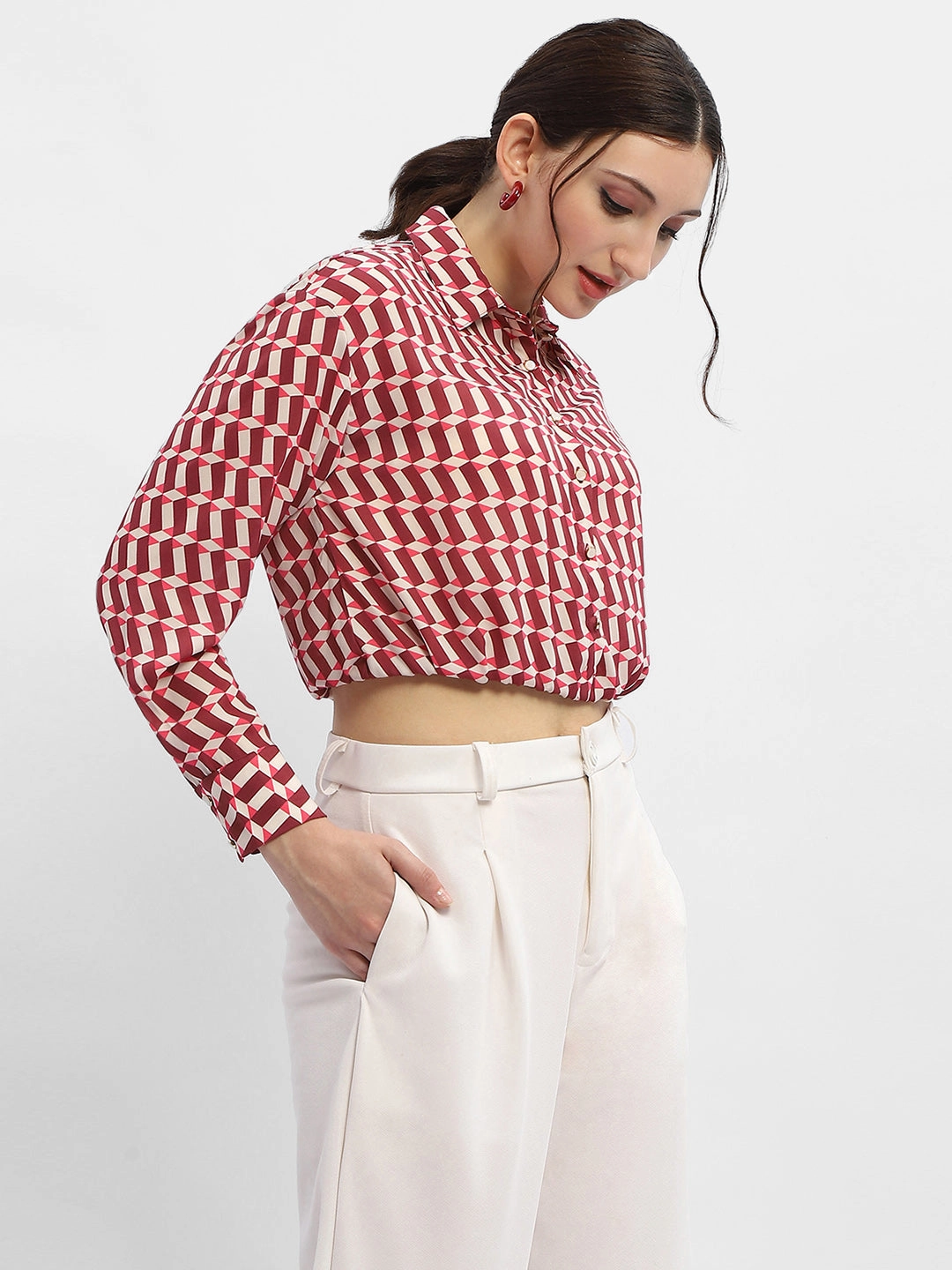 Madame Geometric Print Maroon Crop Shirt Customizable Design