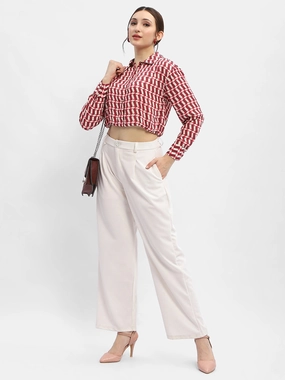 Anti Cling Fabric Anti Pilling Finish Madame Geometric Print Maroon Crop Shirt