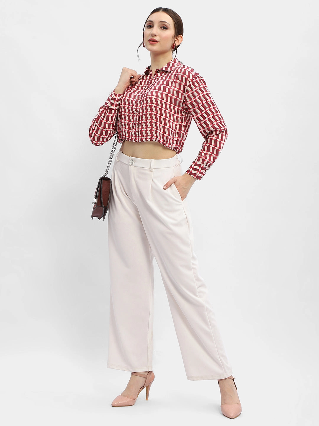 Anti Cling Fabric Anti Pilling Finish Madame Geometric Print Maroon Crop Shirt