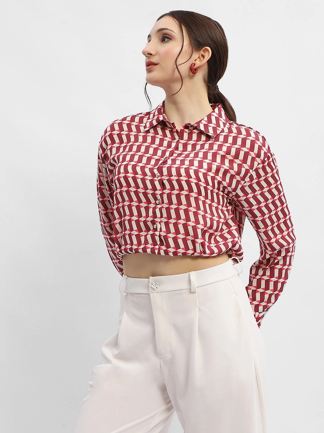Minimal Look Double Stitched Seams Madame Geometric Print Maroon Crop Shirt