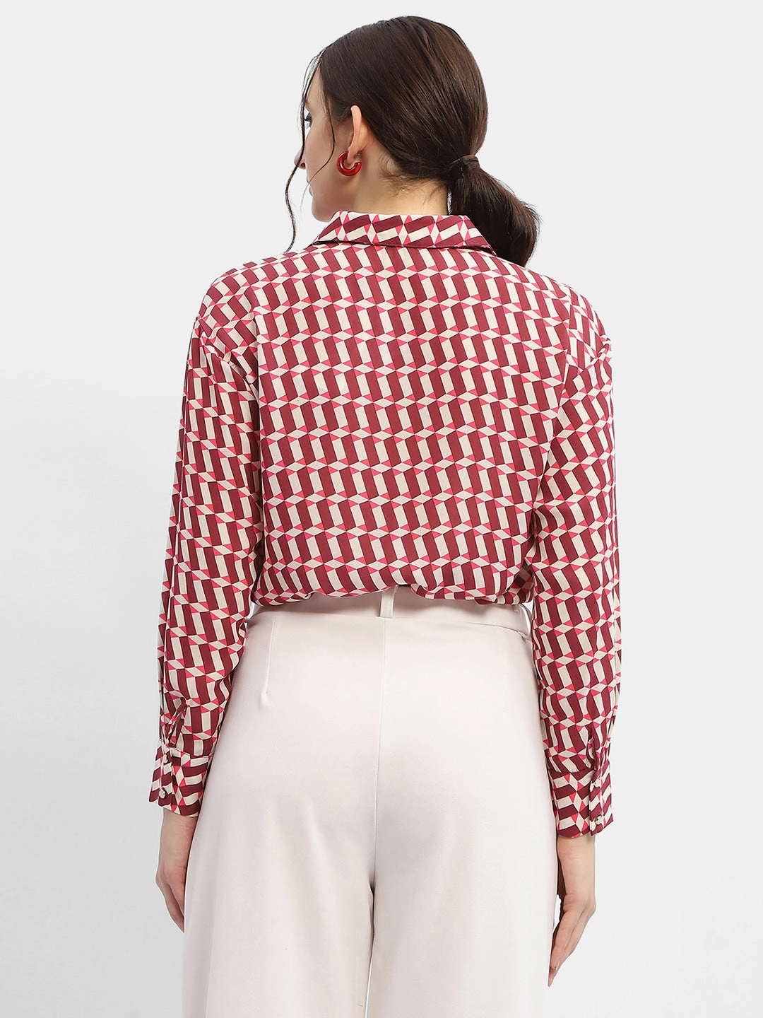 Go-To Look Madame Geometric Print Maroon Crop Shirt