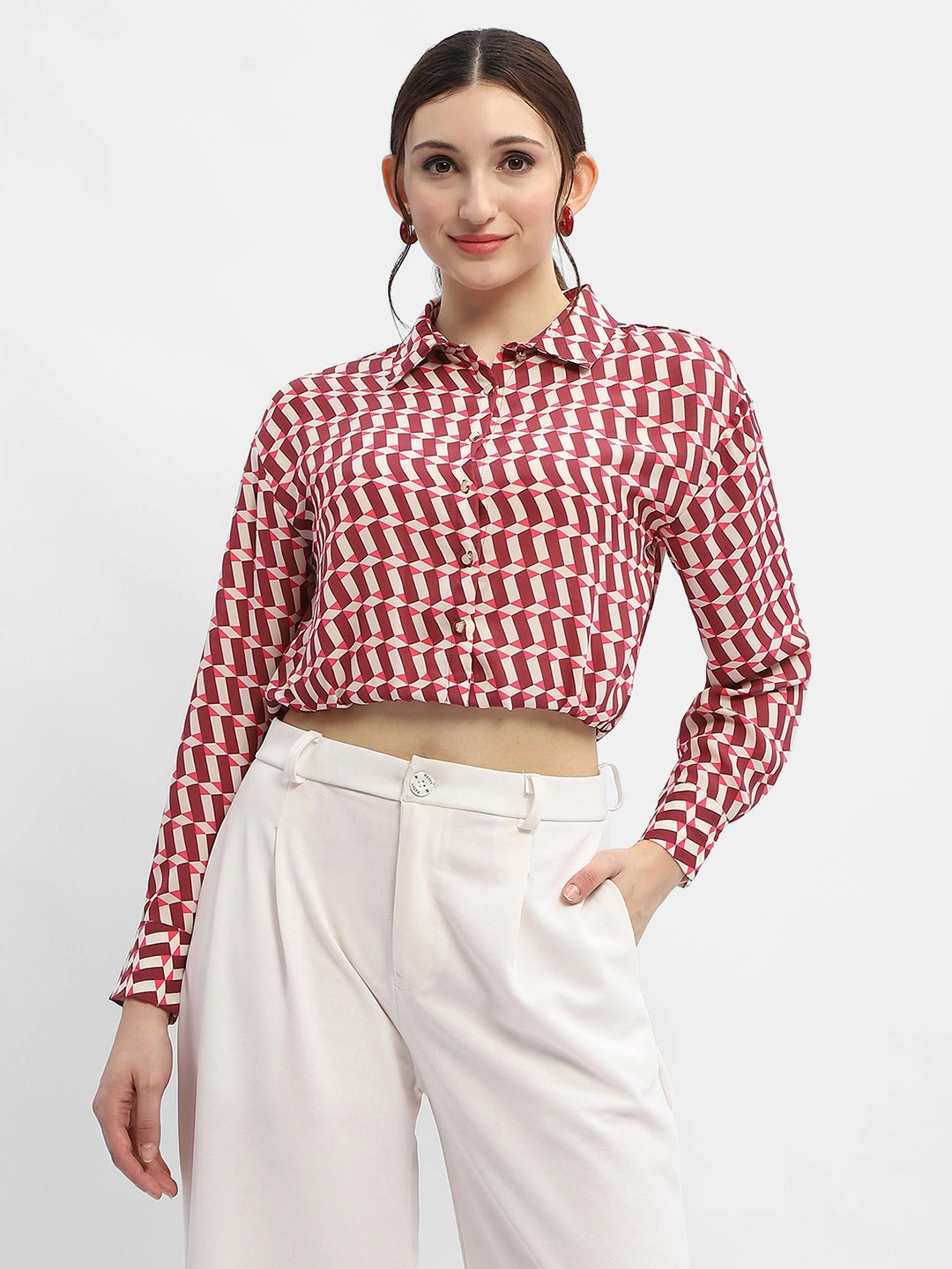 Madame Geometric Print Maroon Crop Shirt Soft Touch Tailored Fit