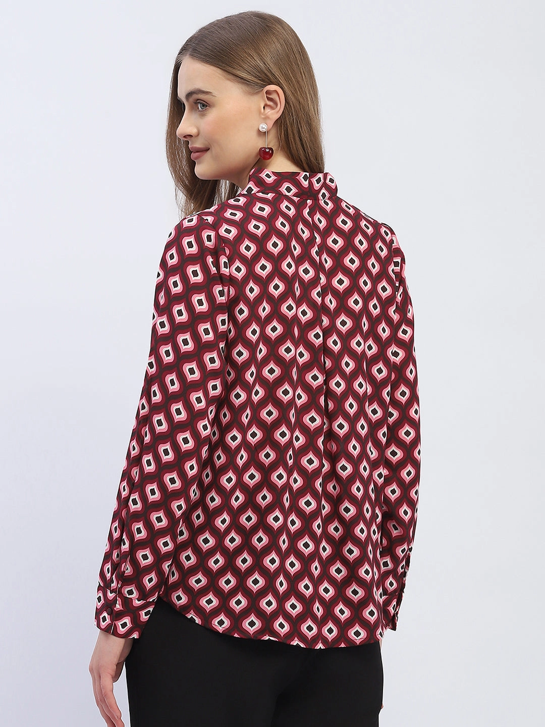Casual Blouse Low Profile Collar Madame Geometric Print Maroon Regular Top