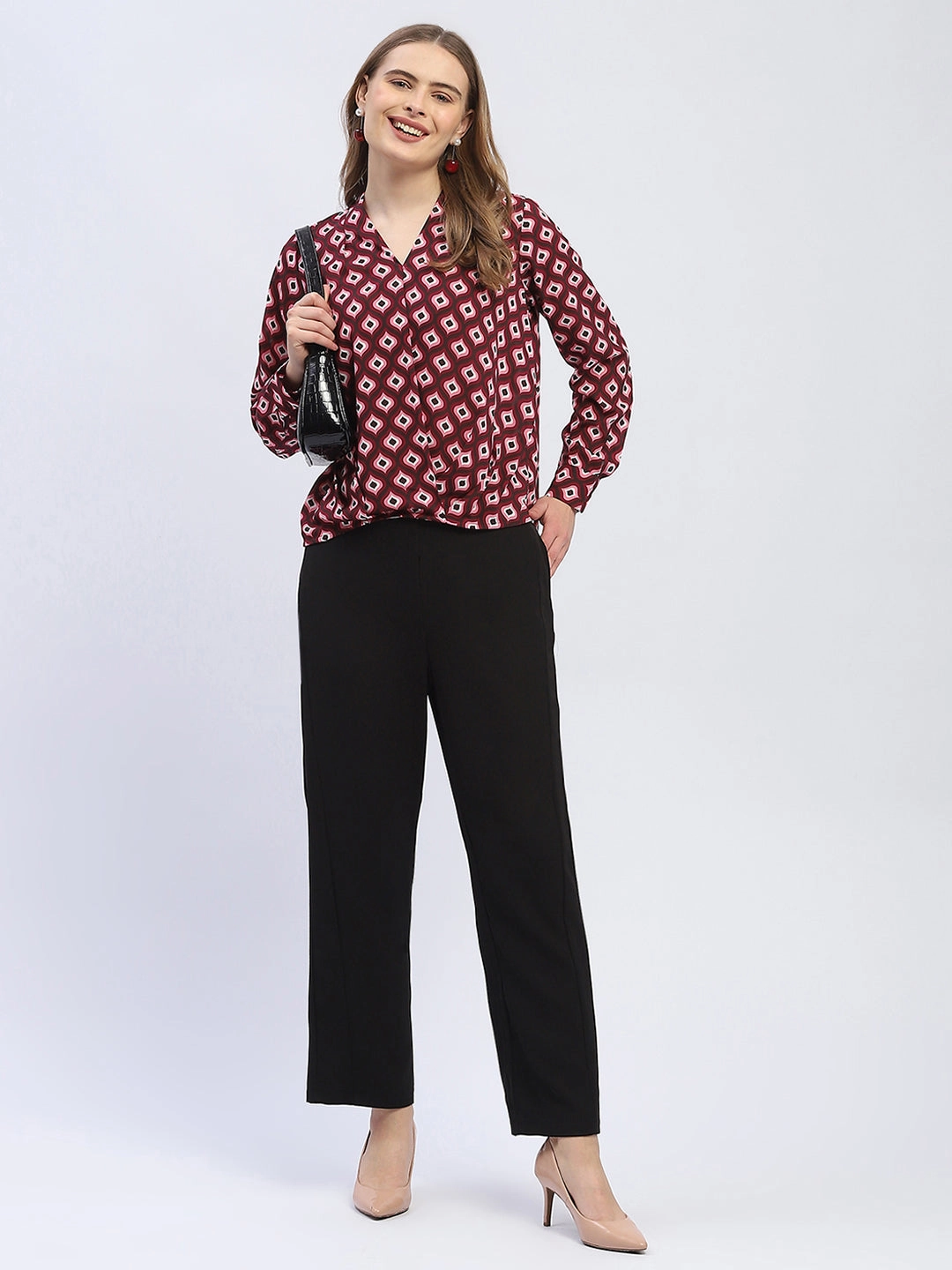 NonRestrictive Cut Soft Material Madame Geometric Print Maroon Regular Top