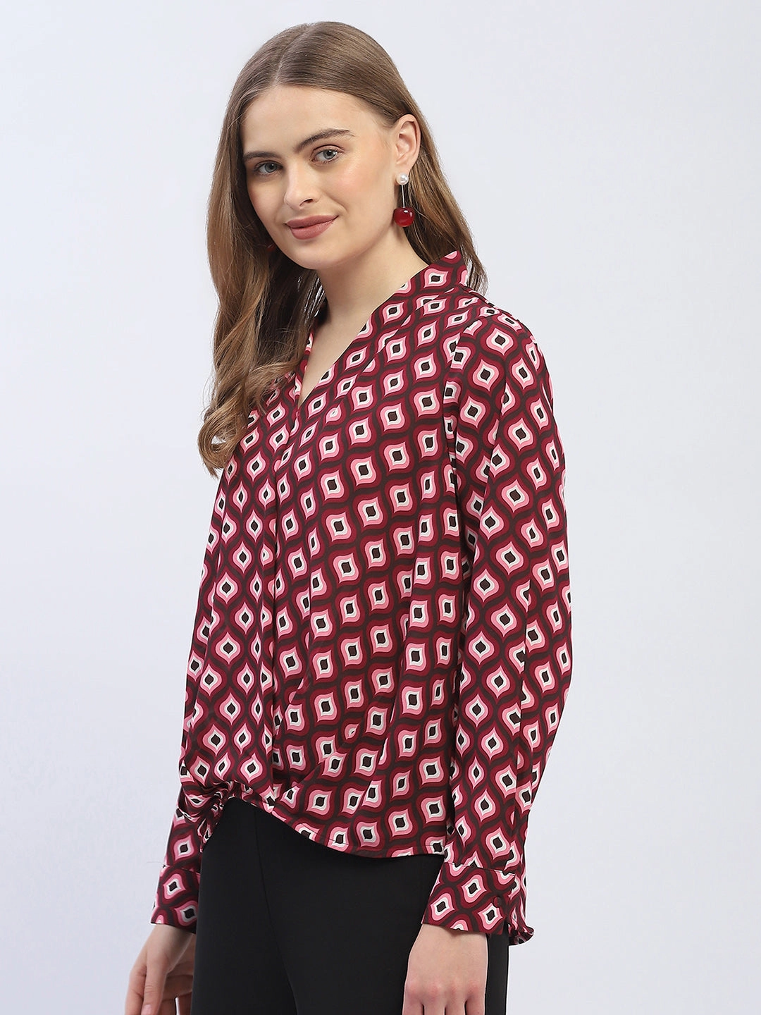 Durable Chainstitch All Over Print Technique Madame Geometric Print Maroon Regular Top